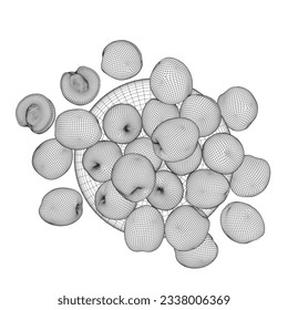 Vector illustration of peach fruit on plate. Half, slice and whole shape of peach, nectarine, apricot, apple. Peaches isolated on white background. Flat design wireframe. 3D.