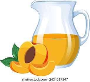 Vector illustration of peach juice and fresh peaches