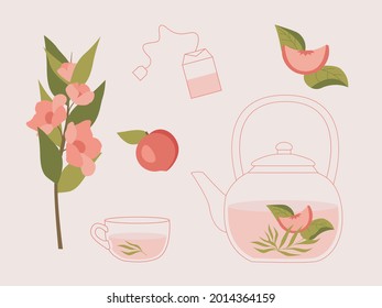 Vector illustration of peach tea with branch, flowers and leaves. Line art teapot, cup and tea bag. Can be used for web design and print.	