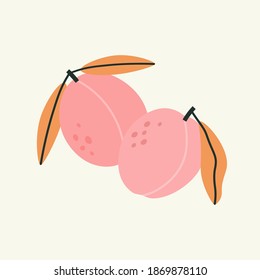 Vector illustration of peaches on a beige background. Hand-drawn fruits in bright colors. Suitable for illustrating healthy eating, recipes, local farm. Card with peach. 