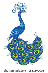 Vector illustration of peacock. Fantasy bird