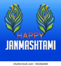 Vector illustration of a Peacock Feather and stylish text for Happy Janmashtami.
