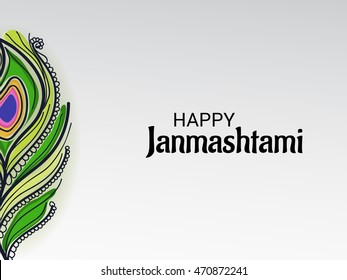 Vector illustration of a Peacock Feather with stylish text for Happy Janmashtami.