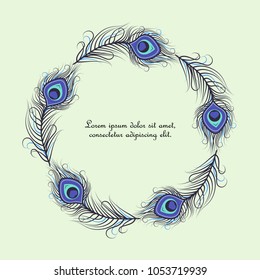 Vector illustration of peacock feathers. Background with colorful feathers and place for text