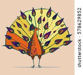 Vector illustration with peacock. Peacock with a huge tail, front view. 