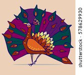 Vector illustration with peacock. Peacock with a huge tail, front view. 