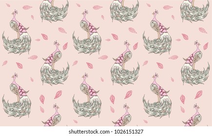 Vector illustration Peacock or Peafowl and falling leaves doodle drawing abstract art background pattern seamless
