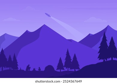 Vector illustration of a peak camping landscape with a rocket across the sky as a background