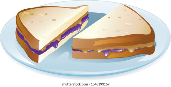 Vector illustration of a peanut butter and grape jelly sandwich on a plate.