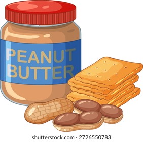 Vector illustration of a peanut butter jar, stacked crackers, and peanuts on white background