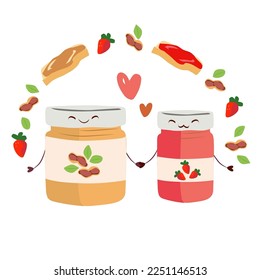 Vector Illustration for Peanut Butter and Jelly Day Lovers. Toasted bread,  jar of peanut butter and strawberry jelly.  Cartoon characters.