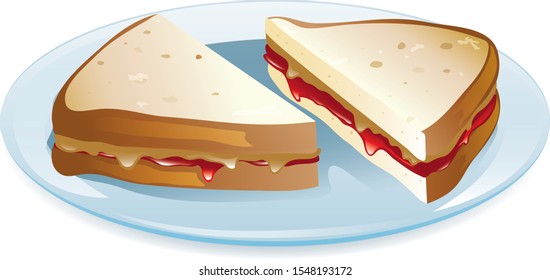 Vector illustration of a peanut butter and strawberry jelly sandwich on a plate.