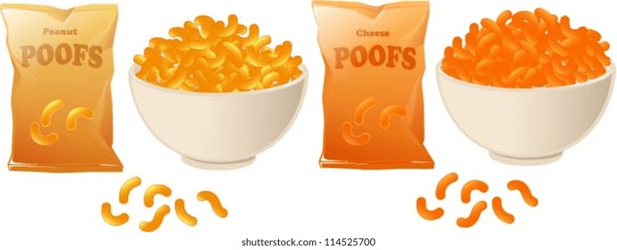 Vector illustration of peanut and cheese poofs isolated on white.