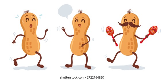 Vector illustration of peanut in different poses. Vector cartoons of peanut. 