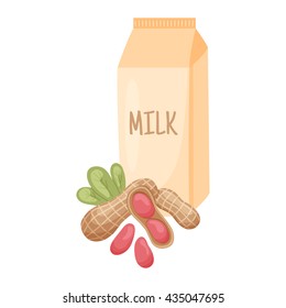 vector illustration of peanut with leaves and pack of milk on isolated background