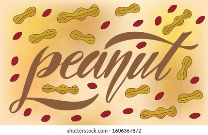Vector illustration of Peanut text for logotype, label, menu, restaurant, banner, magazine, poster, decoration. Peanut calligraphy background. Peanut lettering. EPS 10.