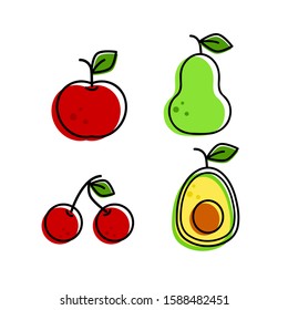 Vector illustration of pear, apple, cherry, and avocado on white background