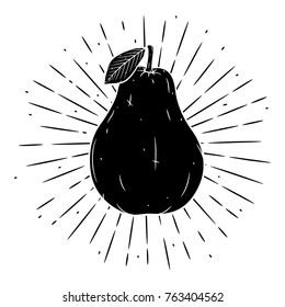 Vector illustration with a  pear and divergent rays on white background. Used for poster, banner, web, t-shirt print, bag print, badges, flyer, logo design and more.