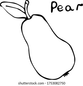 Vector illustration of a pear in the Doodle style, hand-drawn black outline on a white background with the text "Pear". Can be used for fabric, textiles, paper, books, Wallpaper