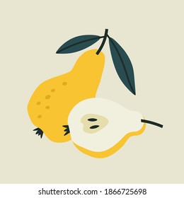 Vector illustration of pear and half of pear on a beige background. Hand-drawn fruits in bright colors. Suitable for illustrating healthy eating, recipes, local farm. Card with pears. 