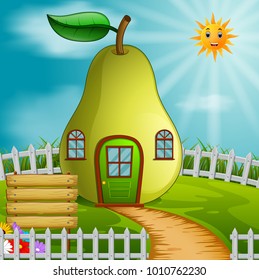 vector illustration of pear house in garden