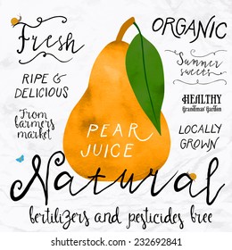 Vector illustration of pear in imitation of watercolor, hand drawn in in 1950s or 1960s style. Concept for farmers market, organic food, natural product design, soap package, herbal tea, etc.