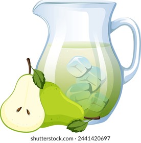 Vector illustration of pear juice with ice cubes