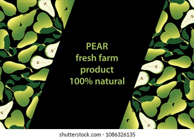 vector illustration of pear and leaf design background black and fruit and text fresh farm product 100% natural EPS10