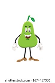 Vector illustration of a pear like a cartoon character, with an expressive face, arms, and legs. The character is standing and smiling.