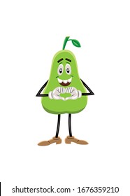 Vector illustration of a pear like a cartoon character, with an expressive face, arms, and legs. The character is standing and doing the sign of love with his hands.