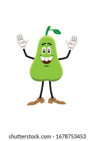 Imagen vectorial de una pera como un personaje de caricatura, con cara expresiva, brazos y piernas. El personaje está parado, levantando los brazos, y está sonriendo.