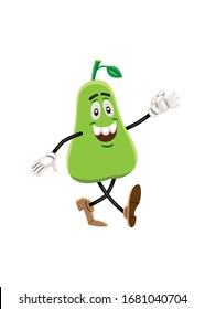 Imagen vectorial de una pera como un personaje de caricatura, con cara expresiva, brazos y piernas. El personaje está caminando, sonriendo y haciendo el signo de "perfecto" con su mano.
