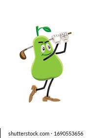 Vector illustration of a pear like a cartoon character, with an expressive face, arms, and legs. The character is playing golf.