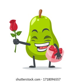 vector illustration of pear mascot or par character give flower and holding pink gift