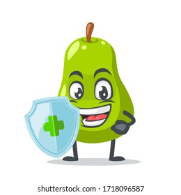 vector illustration of pear mascot or par character holding shield for protection