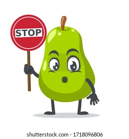 vector illustration of pear mascot or par character holding sign says stop