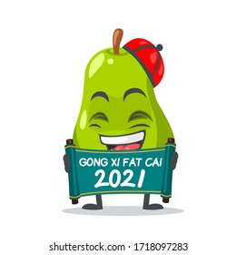 vector illustration of pear mascot or par character holding green scroll and says happy chinese new year 2021