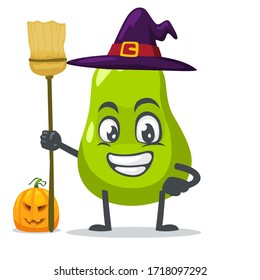 vector illustration of pear mascot or par character wearing witch costume and holding broom