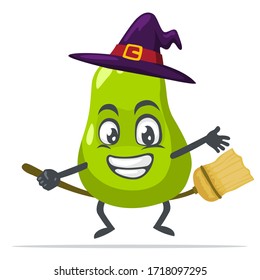 vector illustration of pear mascot or par character wearing witch costume and ride flying broom