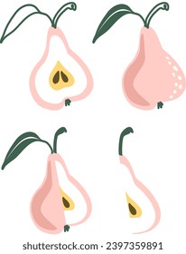 Vector illustration of a pear in pastel colors, whole, half, quarter, three-quarters. Simple flat style.
