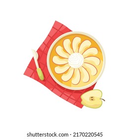 Vector illustration of an pear pie with an ice cream ball on a red tablecloth. Flat lay