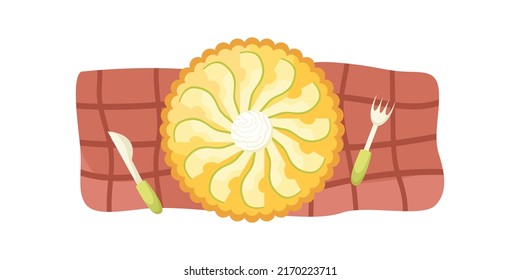 Vector illustration of an pear pie with an ice cream ball on a red tablecloth. Flat lay