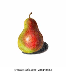 Vector illustration. A pear in red and green colors with shadow. Isolated fruit drawn with colored pencils. Food for a healthy diet. Fresh delicious pear for interior decoration, menus, advertising.