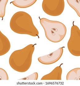 Vector illustration of a pear tree . Cute seamless pattern-whole pear, half pear and slice of pear. Seamless fruit print design for fabrics or wrapping paper.