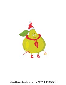 vector illustration of pear wearing Santa hat vector isolated on white background. Christmas vector. Xmas vector.  Perfect for coloring book, textiles, icon, web, painting, books, t-shirt print.  