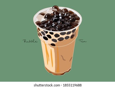 Vector Illustration Of Pearl / Bubble Milk Tea In Plastic Cup, Top View