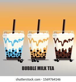 Vector illustration: Pearl milk tea, various flavors, milk tea, Taro Milk and Coffee milk. 