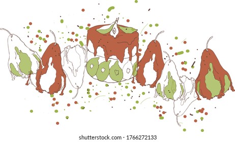 VECTOR ILLUSTRATION PEARS AND PEAR CAKE UNDER CHOCOLATE ON A BACKGROUND OF SPLASHES,IN GREEN AND BROWN.
