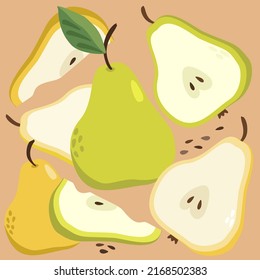Vector illustration of pears, whole and slices on light orange background.
