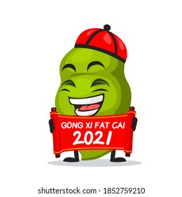 ilustración vectorial de mascota de guisantes o personaje con desplazamiento rojo y dice feliz año nuevo chino 2021